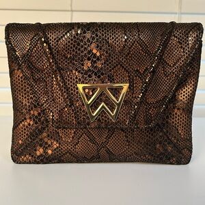 New Kelly Wynne Bronze/Black Snake-Embossed Clutch w/removable shoulder strap